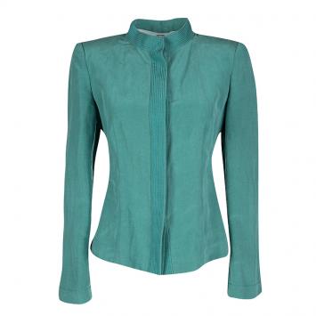 Pre Owned Armani Collezioni Blue Silk Linen Blazer and Pencil Skirt Set M