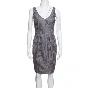 Pre Owned Armani Collezioni Grey Floral Embroidered Pleated Organza Dress M