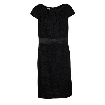 Pre Owned Armani Collezioni Black Textured Glitter Detail Cap Sleeve Dress L