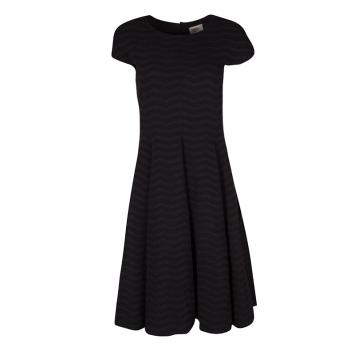 Pre Owned Armani Collezioni Black Chevron Pattern Textured Knit Fit and Flare Dress M
