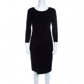 Pre Owned Armani Collezioni Black Gathered Ruffle Waist Detail Long Sleeve Dress M