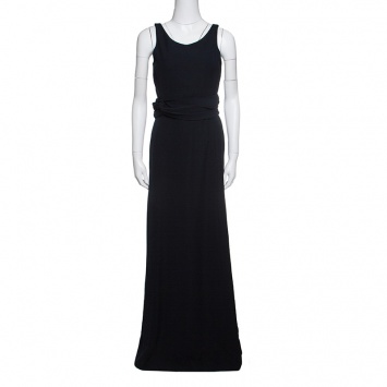 Pre Owned Armani Collezioni Navy Blue Draped Waist Sleeveless Maxi Dress S