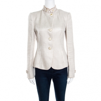 Pre Owned Armani Collezioni Beige Textured Linen Frayed Edge Detail Blazer M