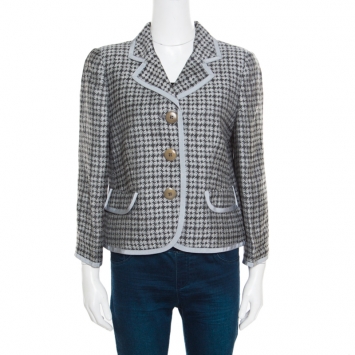 Pre Owned Armani Collezioni Houndstooth Patterned Jacquard Three Button Blazer L