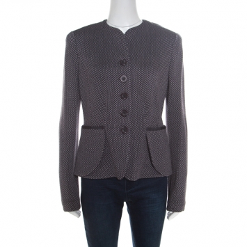 Pre Owned Armani Collezioni Dark Grey Textured Wool Jacquard Knit Buttoned Jacket L