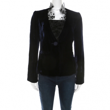 Pre Owned Armani Collezioni Midnight Blue Velvet Embellished Mesh Collar Single Button Blazer S