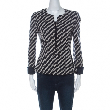 Pre Owned Armani Collezioni Navy Blue & Beige Cotton Woven Loop Button Blazer M