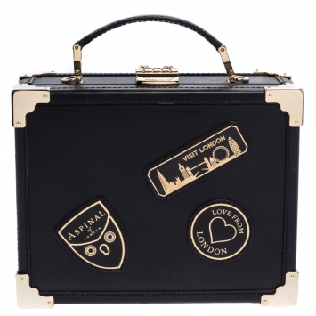 Pre Owned Aspinal of London Black Leather Mini Trunk Patches Top Handle Bag