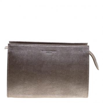 Pre Owned Aspinal Of London Grey Glossy Lizard Print Leather Medium Cosmetic Pouch