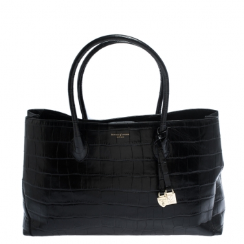 Pre Owned Aspinal Of London Black Croc Embossed Leather The London Tote