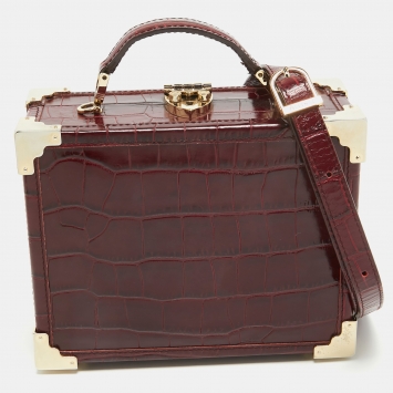 Pre Owned Aspinal of London Burgundy Croc Embossed Leather Mini Trunk Top Handle Bag