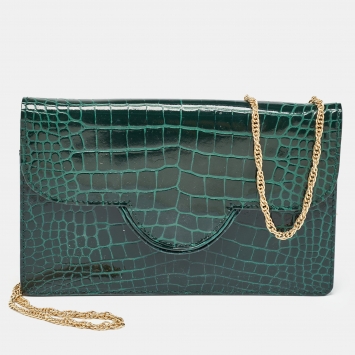 Pre Owned Aspinal Of London Green Croc Embossed Leather Large Ava Chain Bag