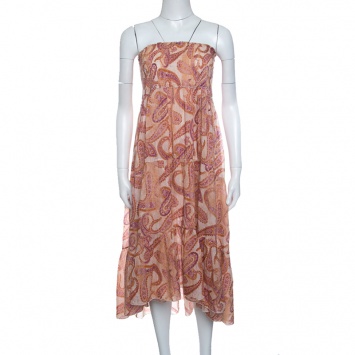 Pre Owned Atos Lombardini Multicolor Paisley Print Smocked Hem Strapless Dress M