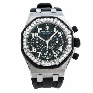 Pre Owned Audemars Piguet Black Stainless Steel Diamonds Royal Oak Offshore 26048SK.ZZ.D002CA.01 Women's Wristwatch 37 mm