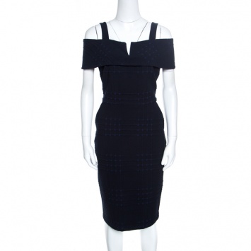 Pre Owned Badgley Mischka Navy Blue and Black Jacquard Knit Cold Shoulder Dress M