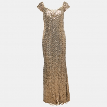Pre Owned Badgley Mischka Gold Sequin Off Shoulder Gown L