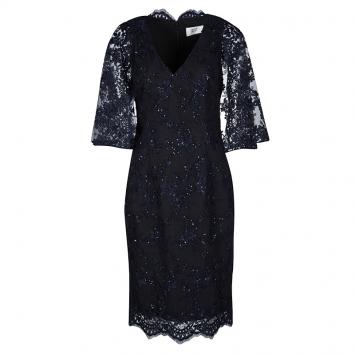Pre Owned Badgley Mischka Navy Blue Sequined Lace Cape Sheath Cocktail Dress S