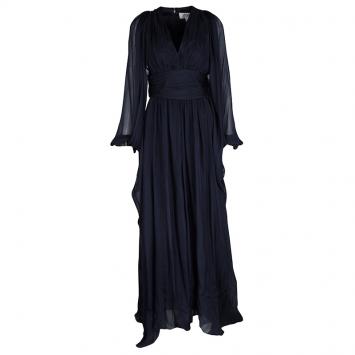 Pre Owned Badgley Mischka Navy Blue Silk Draped Embellished Cuff Detail Gown S