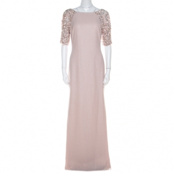 Pre Owned Badgley Mischka Collection Pale Pink Textured Crepe Sequin Embellished Gown M 