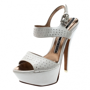 Pre Owned Baldinini White Crystal Embellished Leather Ankle Strap Platform Sandals Size 37