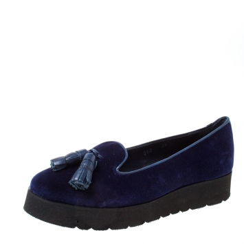 Pre Owned Baldinini Blue Velvet Tassel Platform Loafers Size 36