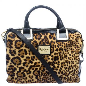 Pre Owned Baldinini Black Leopard Print Calfhair and Patent Leather Satchel