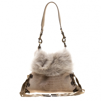 Pre Owned Baldinini Beige Fur and Croc Embossed Leather with Fur Lining Shoulder Bag