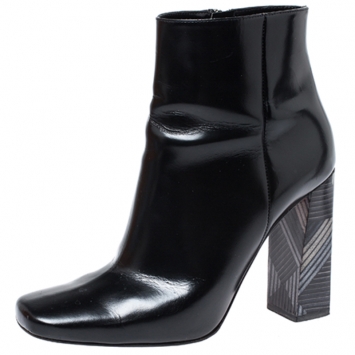 Pre Owned Baldinini Black Leather Tribal Block Heel Ankle Boots Size 39