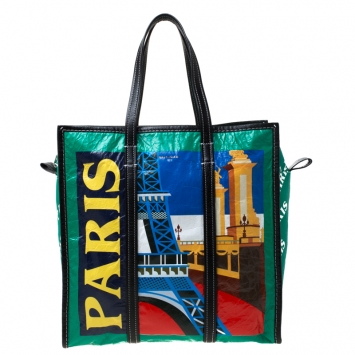 Pre Owned Balenciaga Green Printed Leather Paris Bazar Shopper Tote