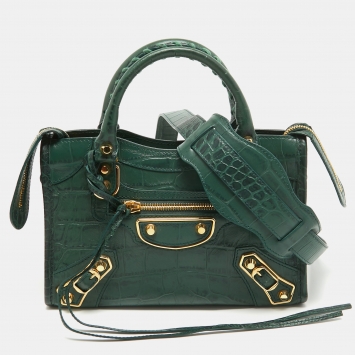 Pre Owned  Balenciaga Green Croc Embossed Leather Mini Classic Metallic Edge City Bag