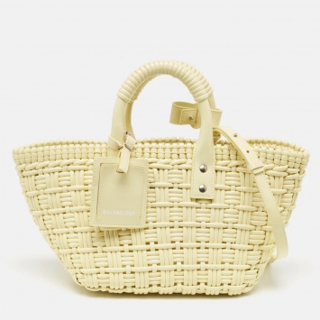 Pre Owned Balenciaga Cream Woven Faux Leather XS Bistro Basket Bag