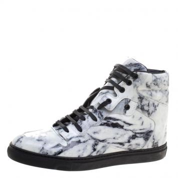 Pre Owned Balenciaga Monochrome Marble Effect Leather High Top Sneakers Size 40