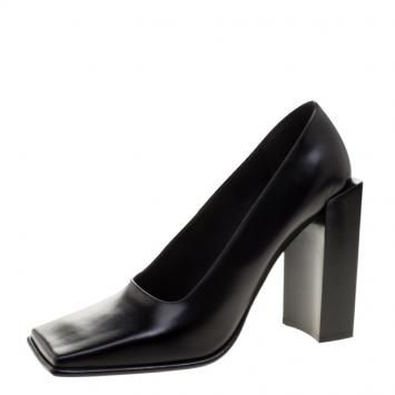 Pre Owned Balenciaga Black Leather Quadro Square Toe Block Heel Pumps Size 38