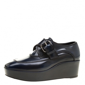 Pre Owned Balenciaga Oxford Blue Leather Monk Strap Platform Loafers Size 36