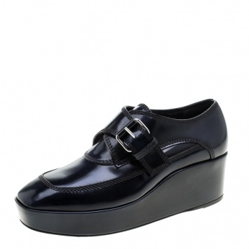 Pre Owned Balenciaga Blue Patent Leather Monk Strap Platform Loafers Size 37