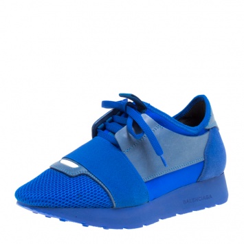 Pre Owned Balenciaga Blue Mesh And Suede Race Runner Sneakers Size 36