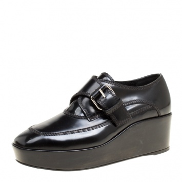 Pre Owned Balenciaga Black Patent Leather Monk Strap Platform Loafers Size 36