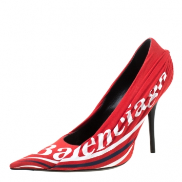 Pre Owned Balenciaga Red Fabric And Leather Knife Logo Pointed Toe Pumps Size 40