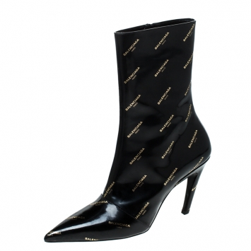 Pre Owned Balenciaga Black Patent Leather All Over Logo Slash Heel Ankle Boots Size 40