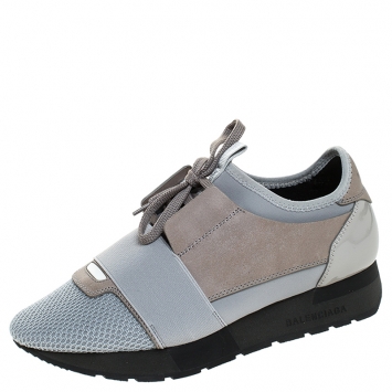 Pre Owned Balenciaga Grey Mesh, Leather And Patent Leather Race Runner Sneakers Size 36