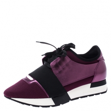Pre Owned Balenciaga Metallic Purple Leather, Nylon And Mesh Race Runner Sneakers Size 37