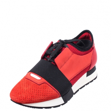 Pre Owned Balenciaga Red/Black Leather, Nubuck, Suede And Fabric Race Runner Sneakers Size 37