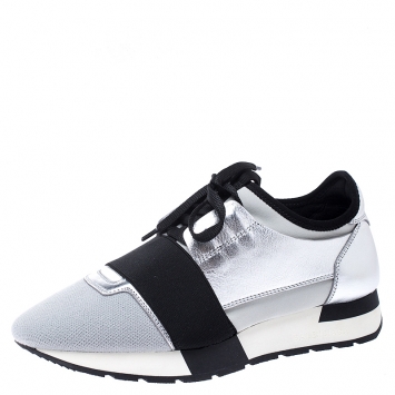 Pre Owned Balenciaga Grey/Silver Mesh And Leather Race Runner Sneakers Size 37