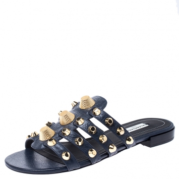 Pre Owned Balenciaga Blue Studded Leather Arena Strappy Flat Slides Size 37.5