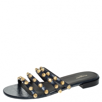 Pre Owned Balenciaga Blue Leather Studded Flat Sandals Size 40