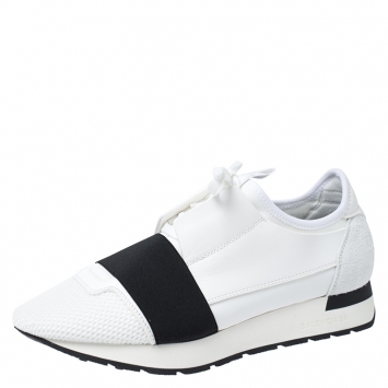 Pre Owned Balenciaga White/Black Mesh, Suede And Leather Race Runner Sneakers Size 39