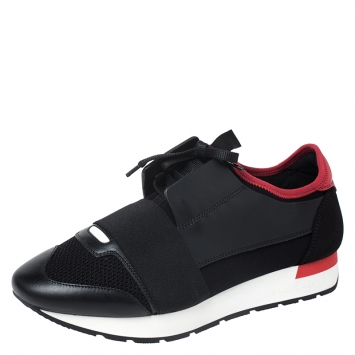 Pre Owned Balenciaga Black/Red Leather, Suede And Mesh Race Runner Sneakers Size 39