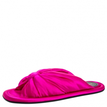 Pre Owned Balenciaga Fuchsia Satin Bow Slide Flat Size 37