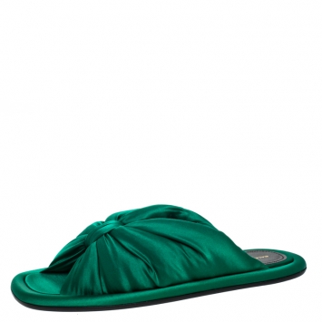 Pre Owned Balenciaga Green Satin Bow Slide Flats Size 37