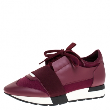 Pre Owned Balenciaga Burgundy Leather And Stretch Fabric Race Runner Sneakers Size 38